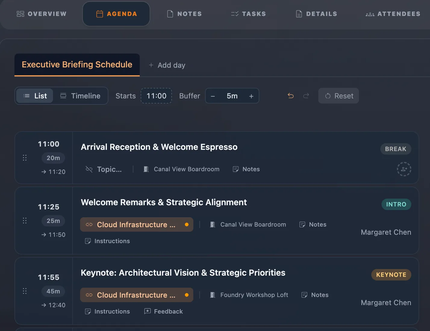 The agenda builder for a full day: sessions with times, rooms, speakers and topics, including a welcome reception, a keynote and a break, with a buffer set between them