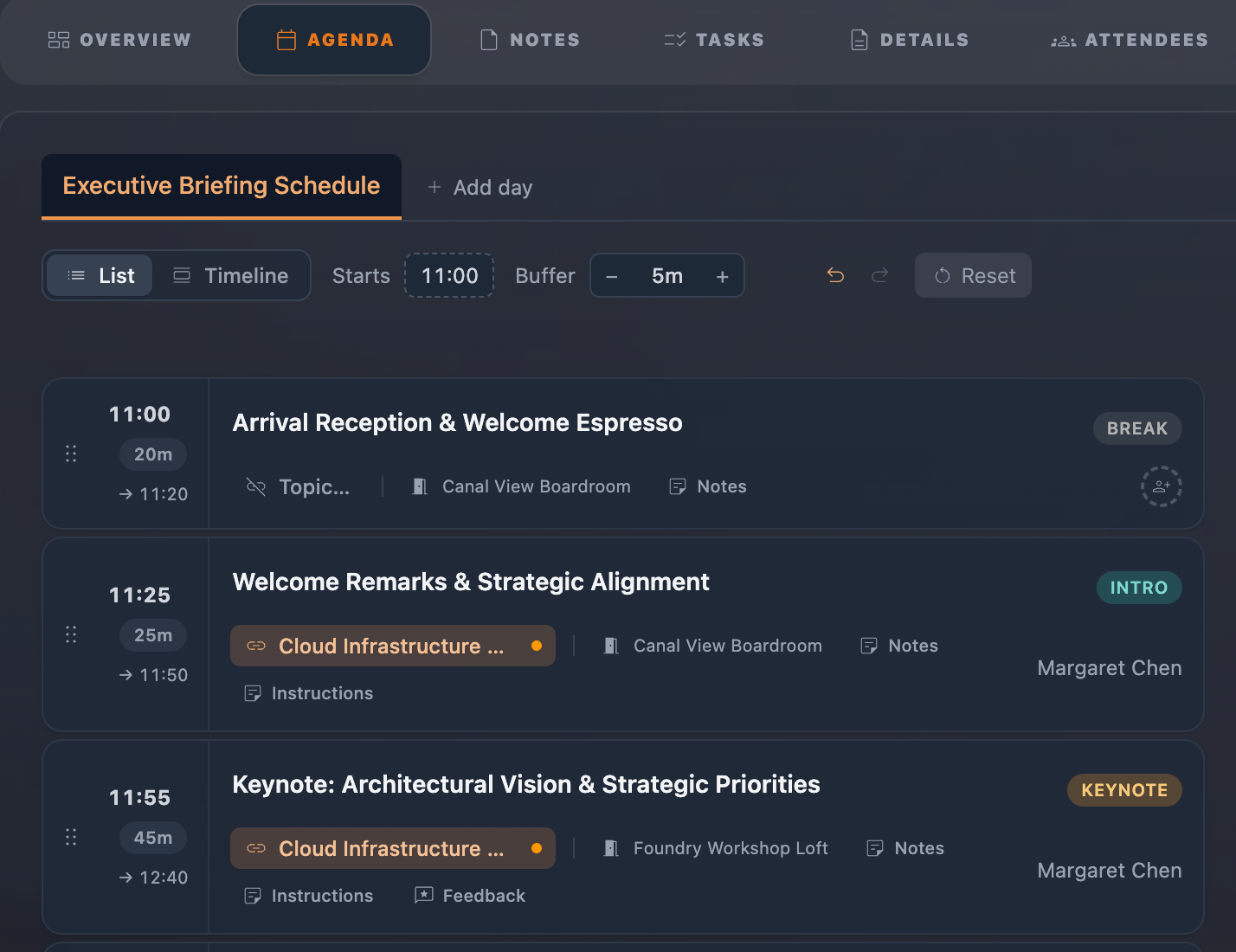 Real-time collaborative agenda builder with drag-and-drop multi-track sessions