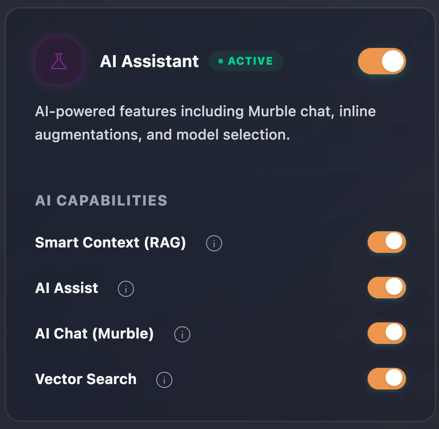 The AI Assistant panel in workspace settings: a master switch marked active, above individual toggles for smart context, AI assist, AI chat and vector search
