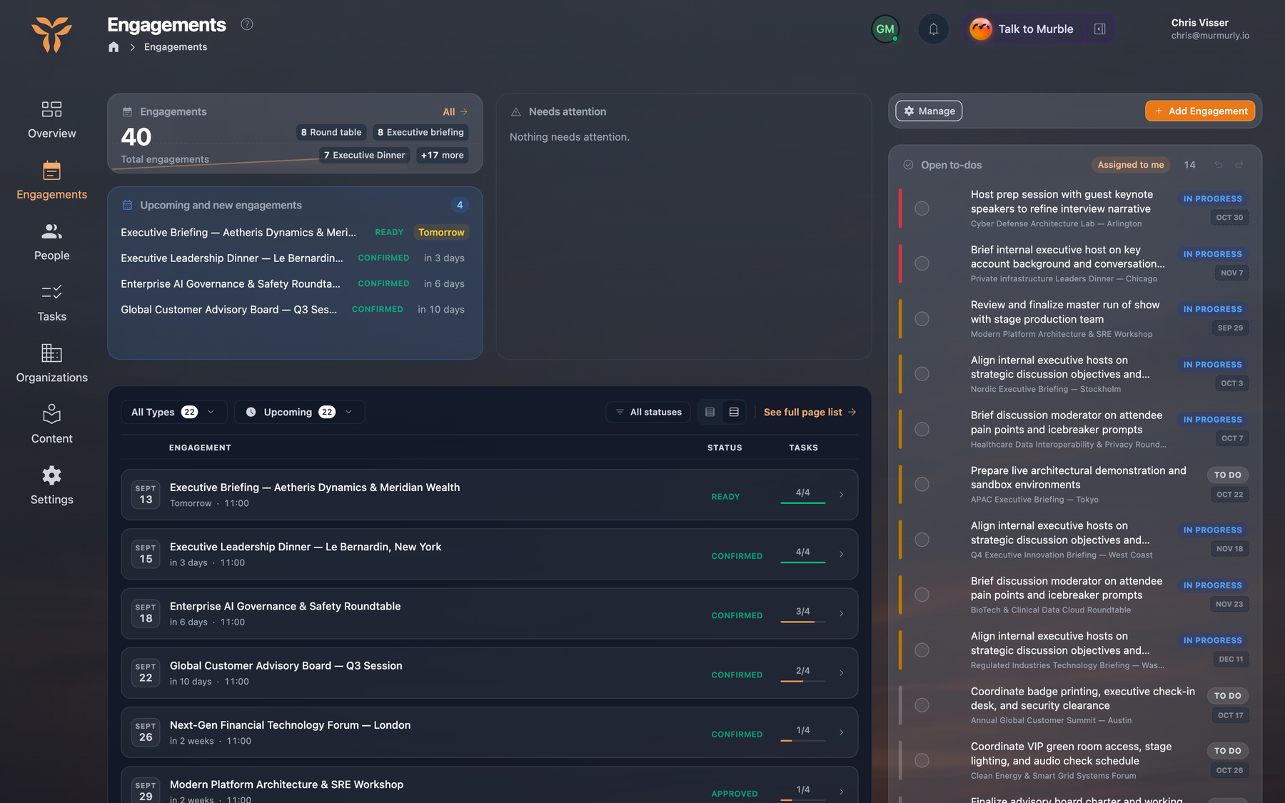 Engagement pipeline with status, dates and task readiness for every engagement