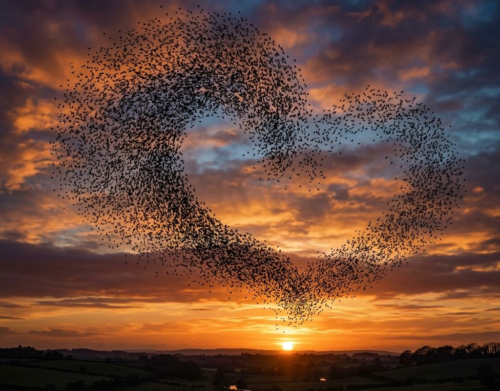 Artistic starling murmuration representing collective intelligence