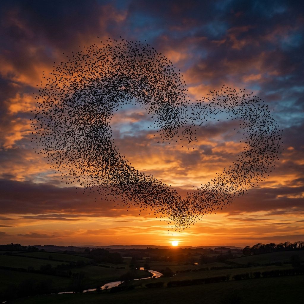 A starling murmuration forming a heart against a sunset sky