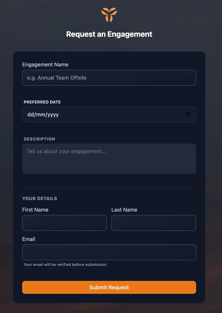 The public engagement request form an external stakeholder fills in, asking for an engagement name, preferred date, description and their own contact details
